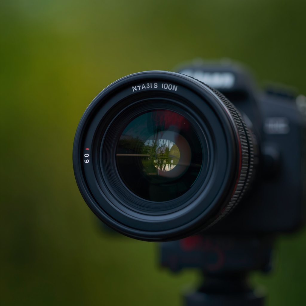 Macro camera lens detail with bokeh background and natural light photography setup